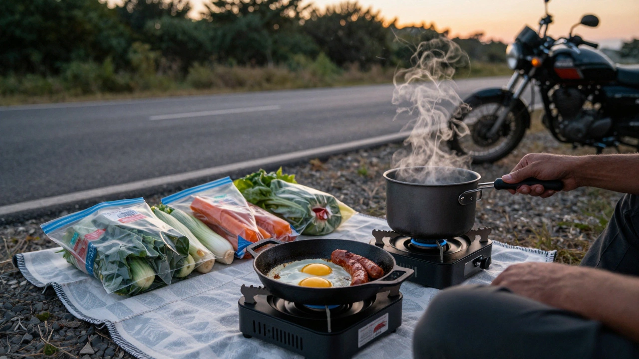 Rider cooking eggs and sausage on a small camp stove at dusk with groceries nearby.