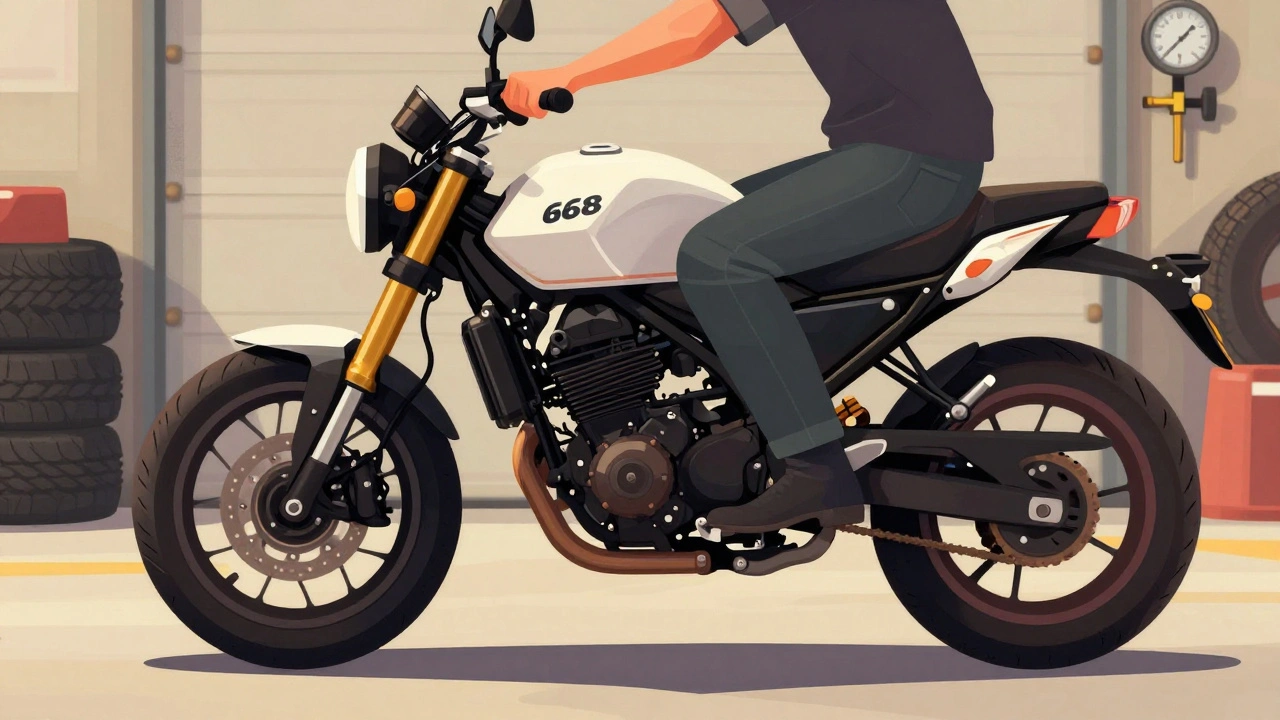 Rider lifting a lightweight motorcycle off its kickstand with one hand in a garage setting.