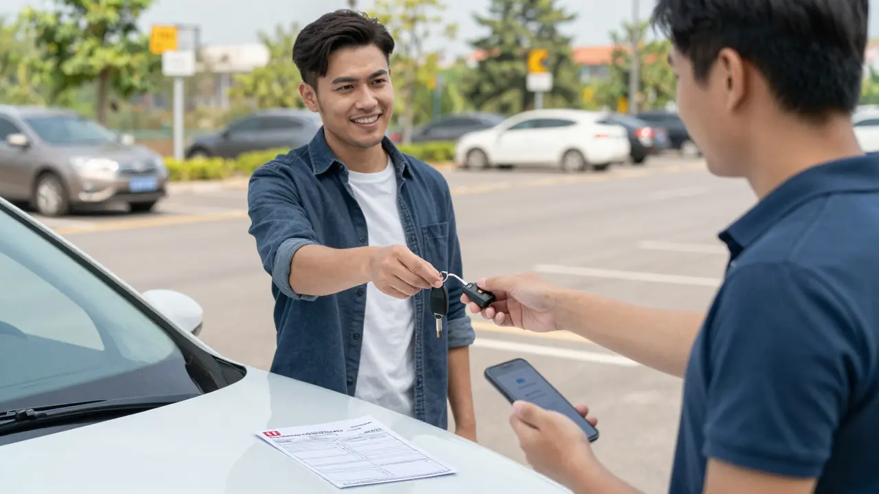 Seller handing keys to buyer beside car in parking lot, with documents on the hood.