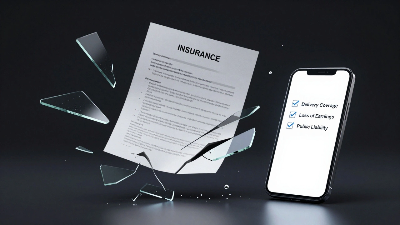 Shattered insurance policy with digital policy glowing on smartphone, symbolizing protection from risk.