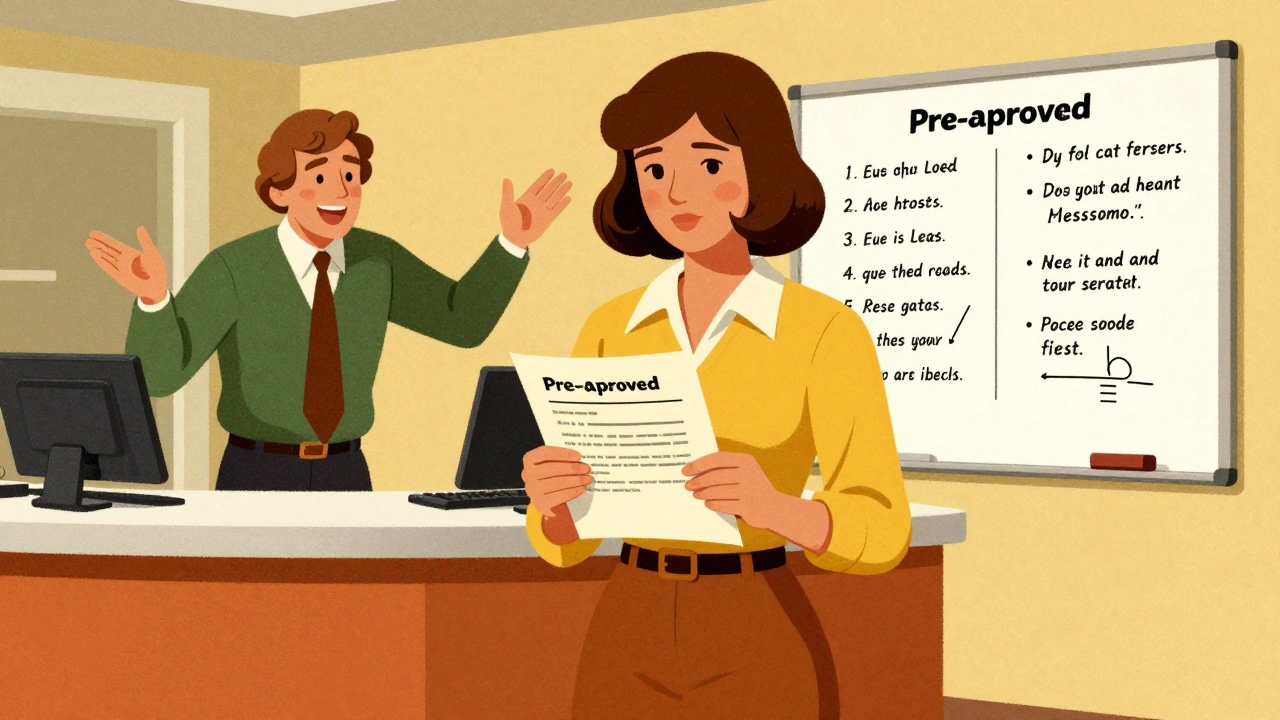 Shopper holding pre-approved loan letter in dealership, salesperson overwhelmed by confusing financial charts.