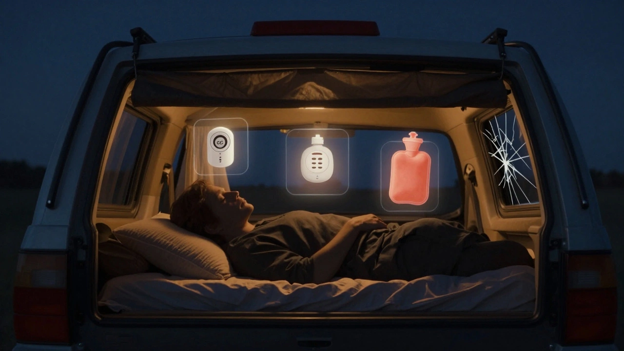 Silhouette of a person sleeping in a car surrounded by floating icons of essential car camping gear under a starry sky.