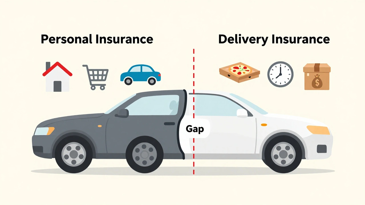 Split-car illustration comparing personal insurance gaps to delivery-specific coverage with icons.