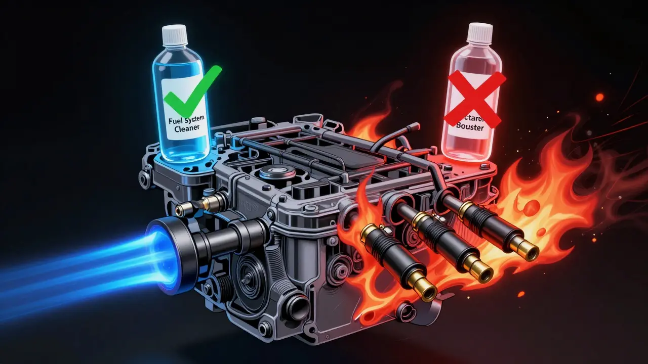 Split engine diagram showing clean vs. clogged injectors, octane booster marked with X, cleaner with checkmark.