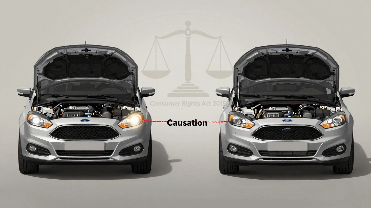 Split illustration of a stock car and modified car connected by a fraying thread labeled &#039;Causation&#039; with legal scales in background.