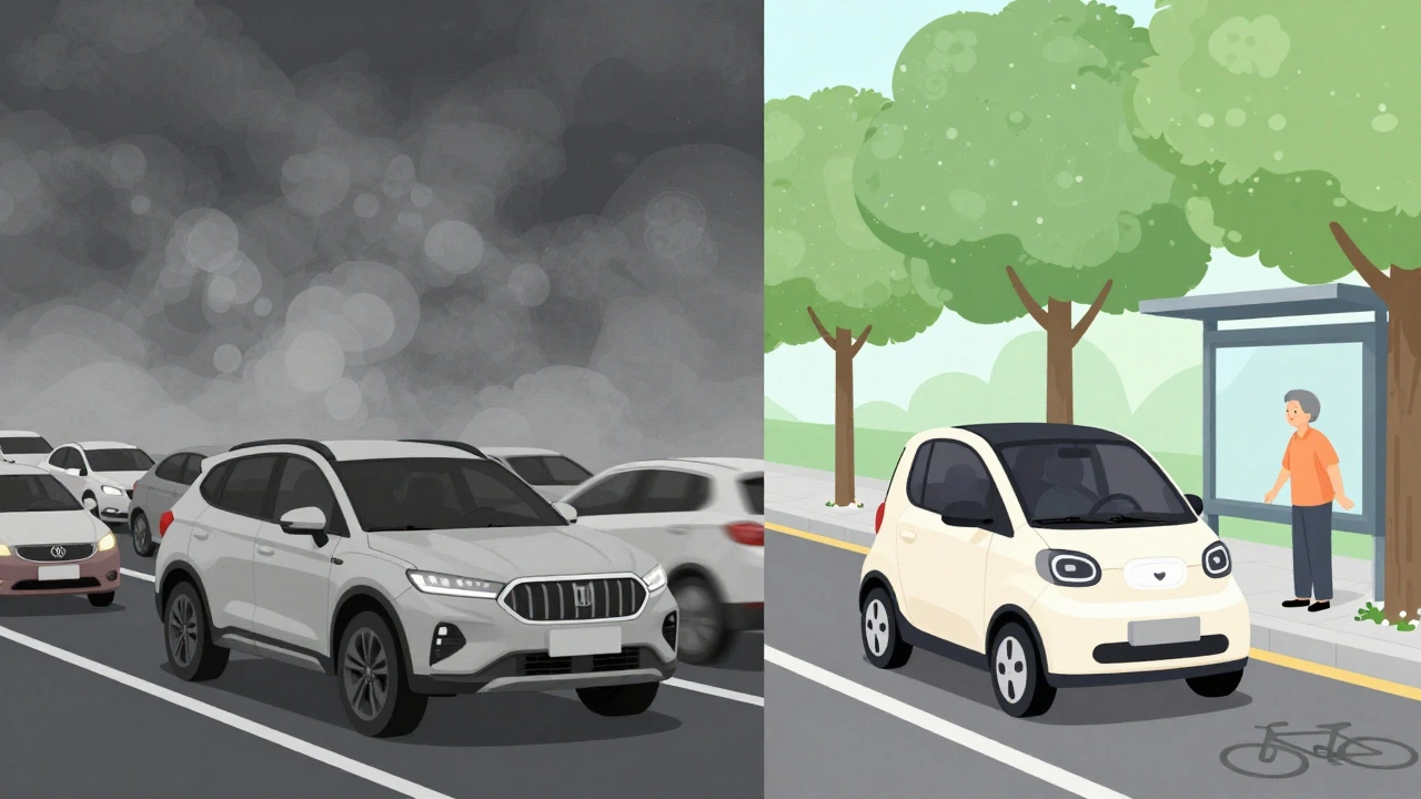 Split image: a stuck SUV in pollution vs. a microcar in a green city street, symbolizing urban mobility choices.