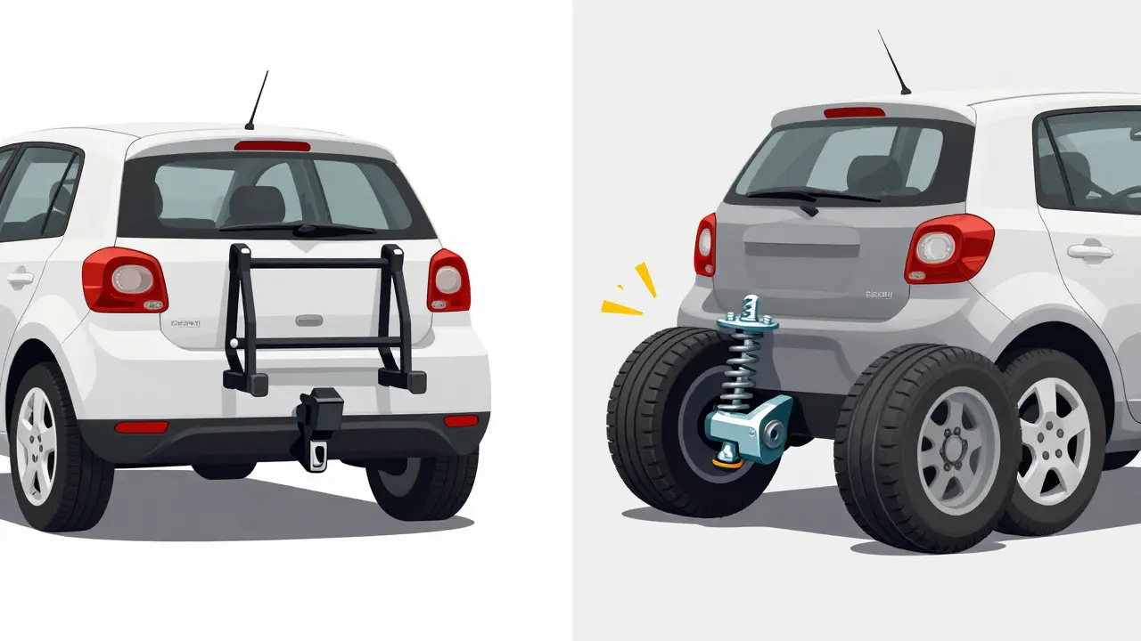 Split image comparing proper vs improper hitch installation on a car with sagging suspension.