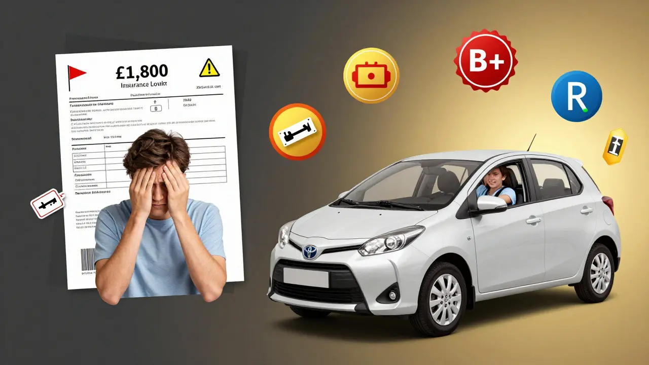 Split image: left side shows high insurance cost with warning symbols, right side shows student driving safely with discount badges.