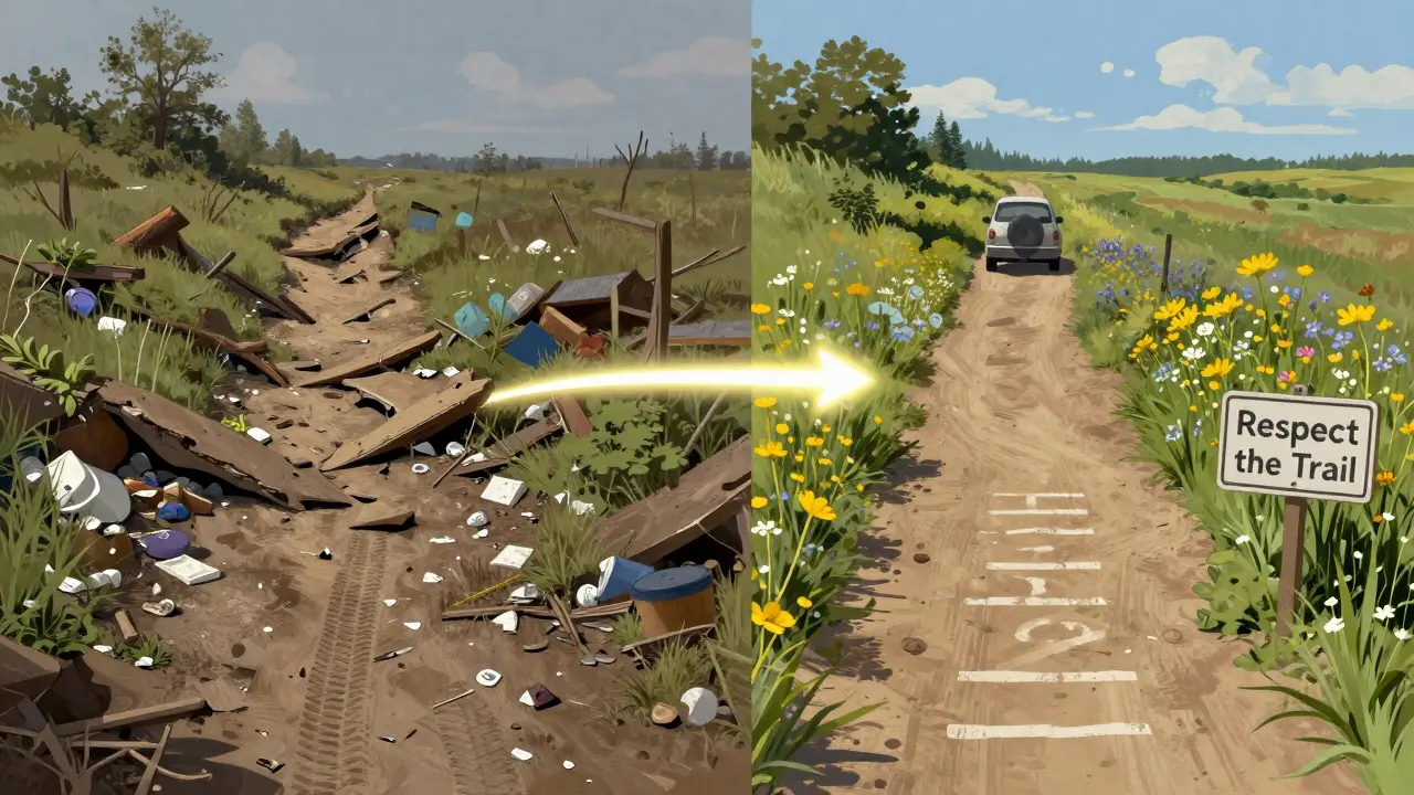 Split image showing a damaged trail versus a restored one, highlighting the impact of responsible off-roading.