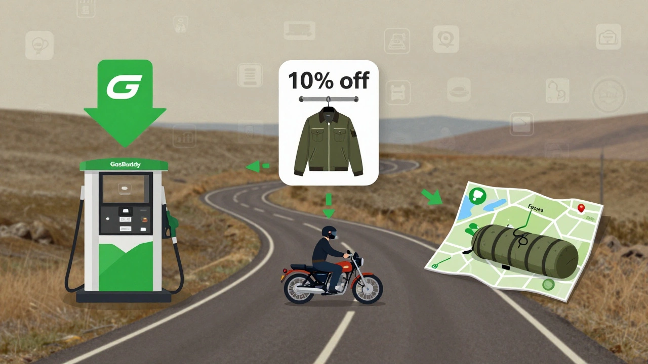 Symbolic road trip savings: gas discount, diner rider deal, and free camping spots along a route.