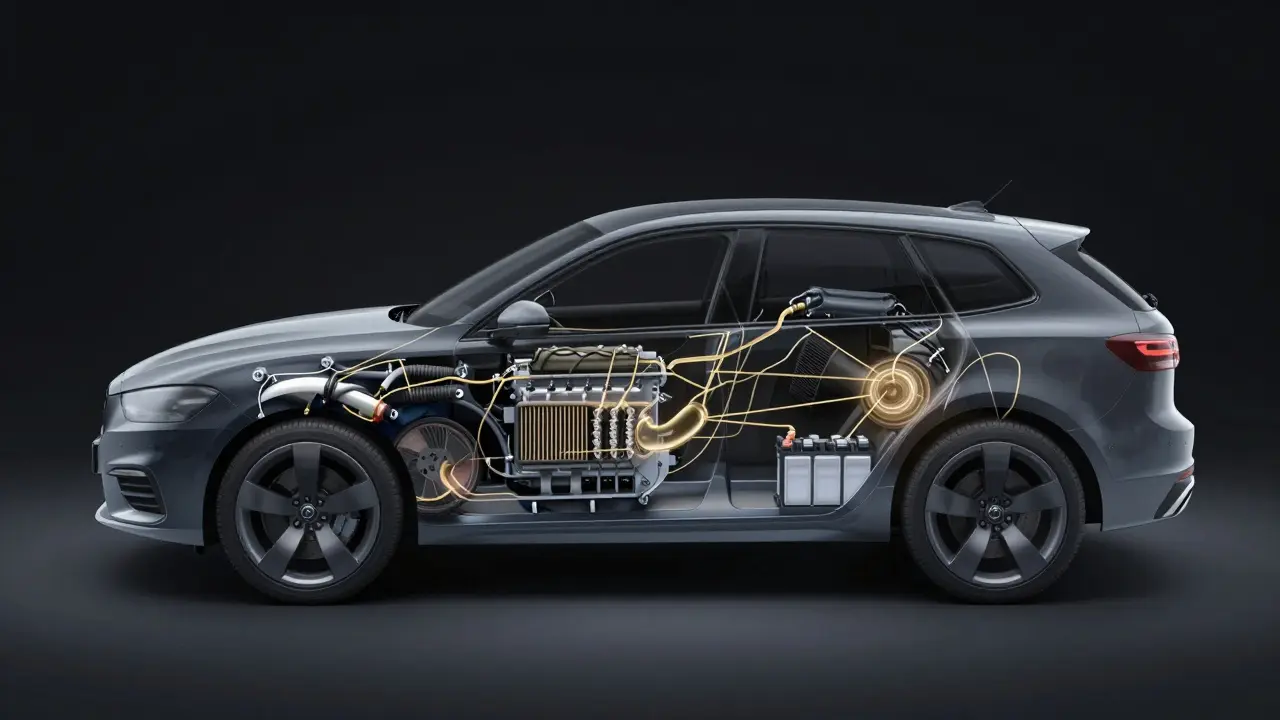 Transparent car showing internal maintenance components like oil, air filter, and battery