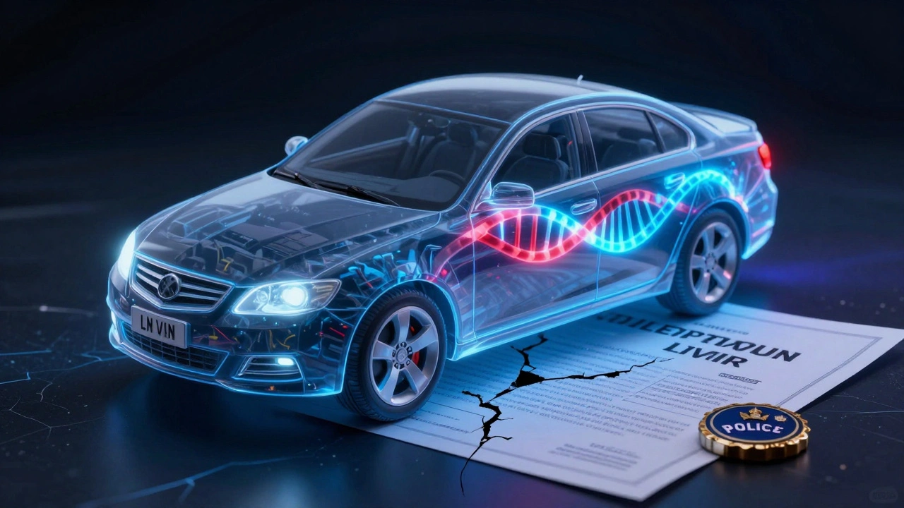 Transparent car with glowing VIN DNA strand showing corrupted red segment.