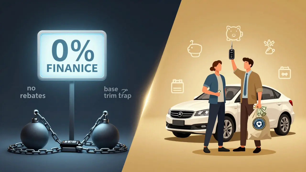 Two financial choices for car buying: one burdened by 0% financing restrictions, the other free with cash and a used car.