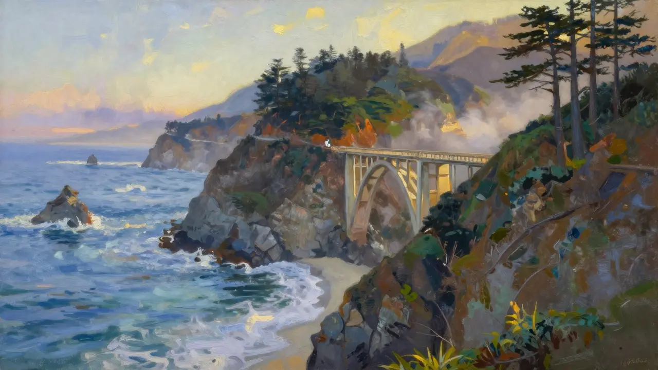 Winding coastal highway with cliffs and bridge overlooking the Pacific Ocean at dusk.