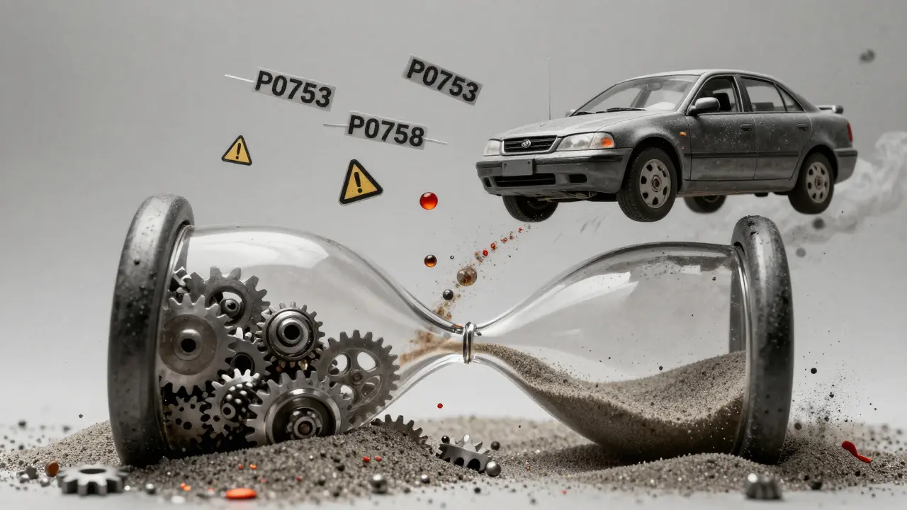 A car jerking forward as its transmission fails, represented by an hourglass draining gear teeth and fluid.