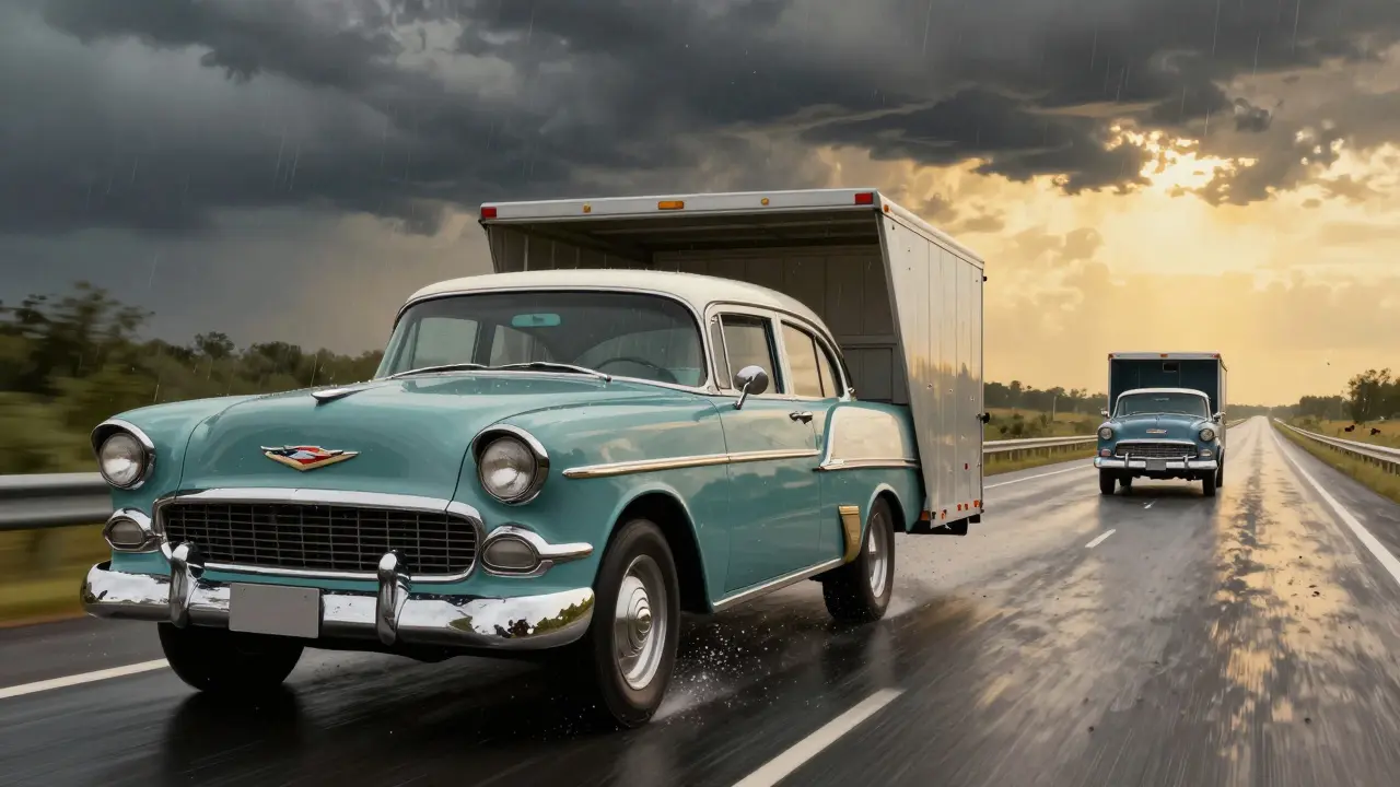 A classic 1955 Chevrolet Bel Air on an open trailer exposed to rain and flying road debris.