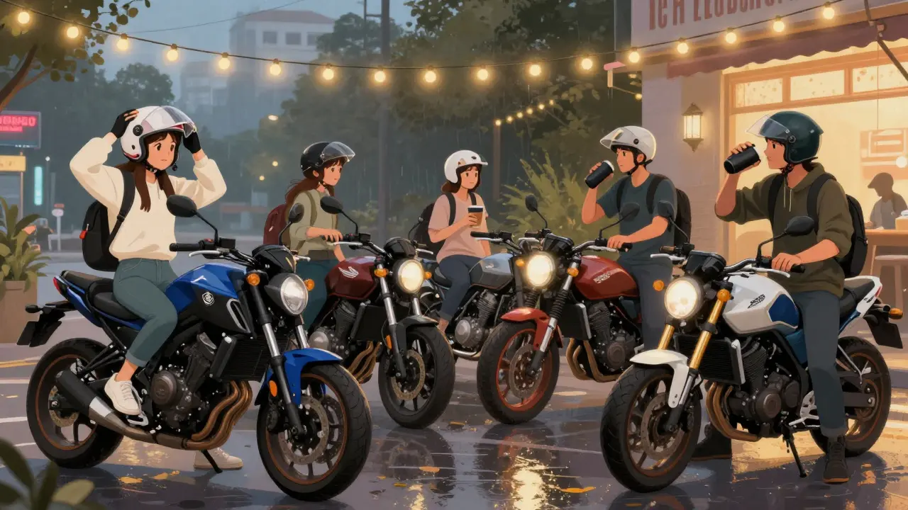 A diverse group of young riders socializing after a weekend ride with coffee and motorcycles.