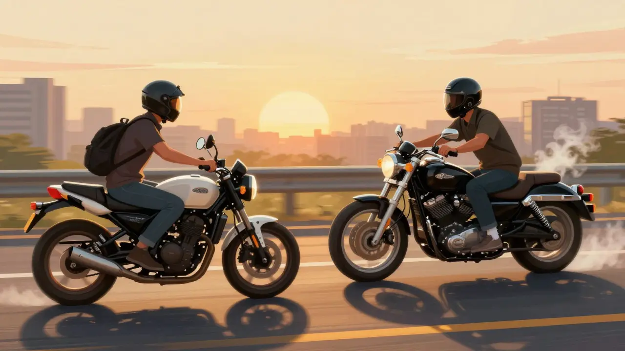 A small 250cc motorcycle in city traffic next to a large 1200cc cruiser on a highway at sunset.