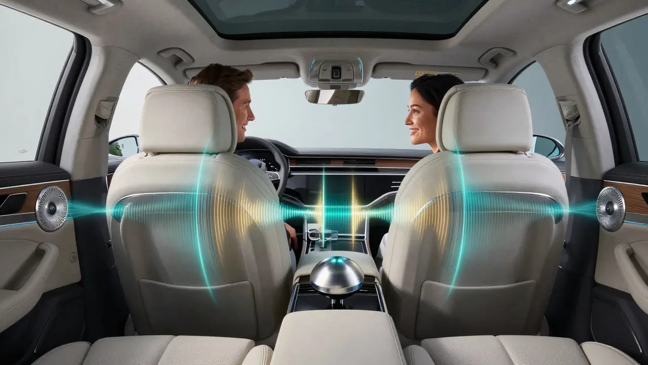 Audi A8 with Bang &amp; Olufsen system featuring glowing aluminum grilles and synchronized ambient lighting.