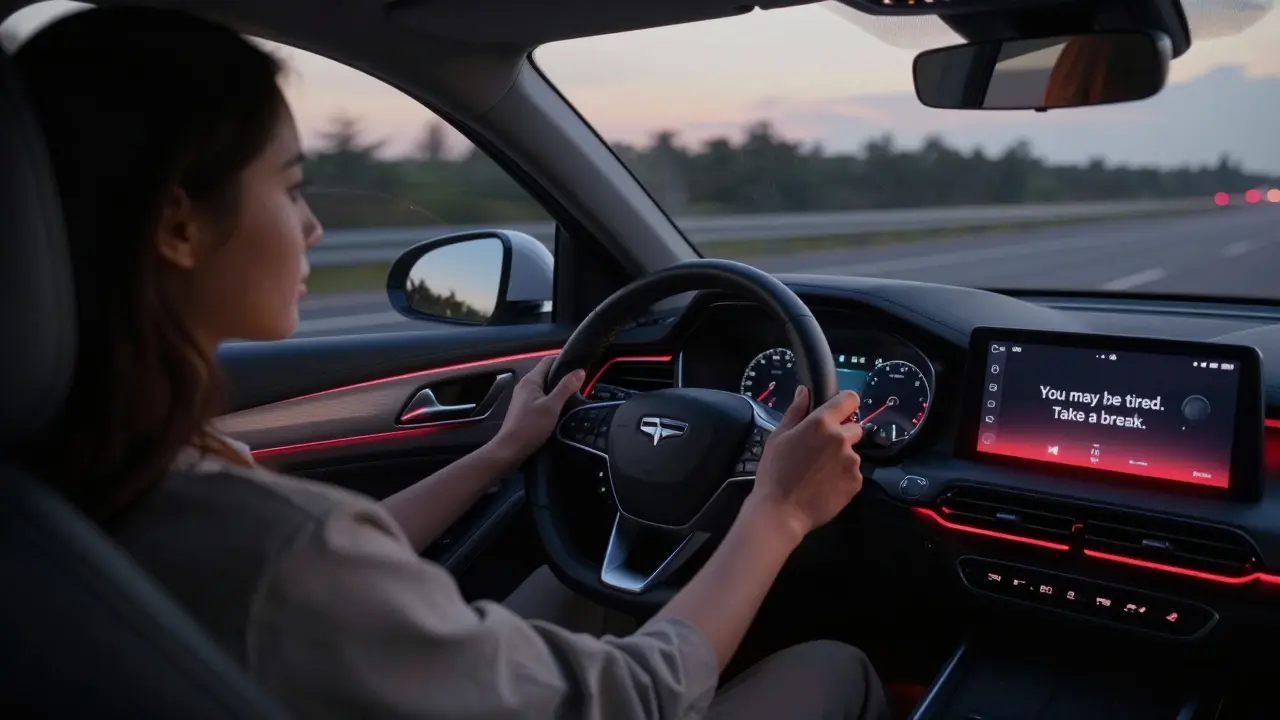 Car dashboard displays fatigue warning as driver's hands drift on the steering wheel.