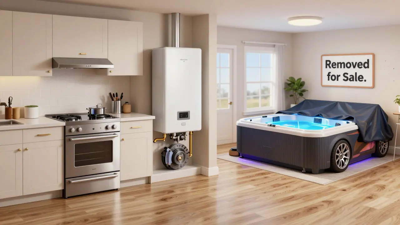 Car depicted as a house with practical upgrades in the kitchen and removed flashy modifications in the living room.