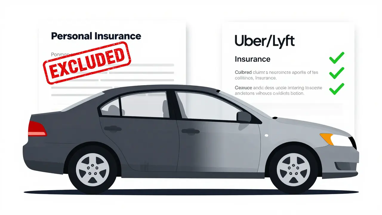 Car split in two showing personal insurance denial and rideshare coverage gaps.