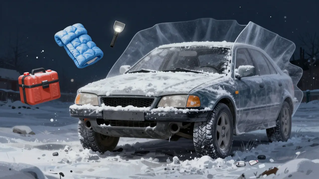 Car undercarriage protected by antifreeze, oil, and tire grip against winter elements.