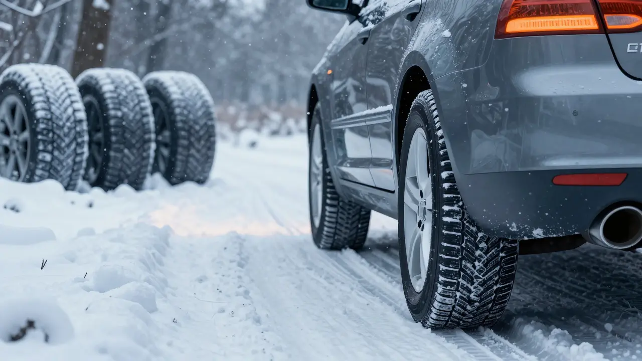 Car with winter tires gripping snowy road, all-season tires frozen in background.