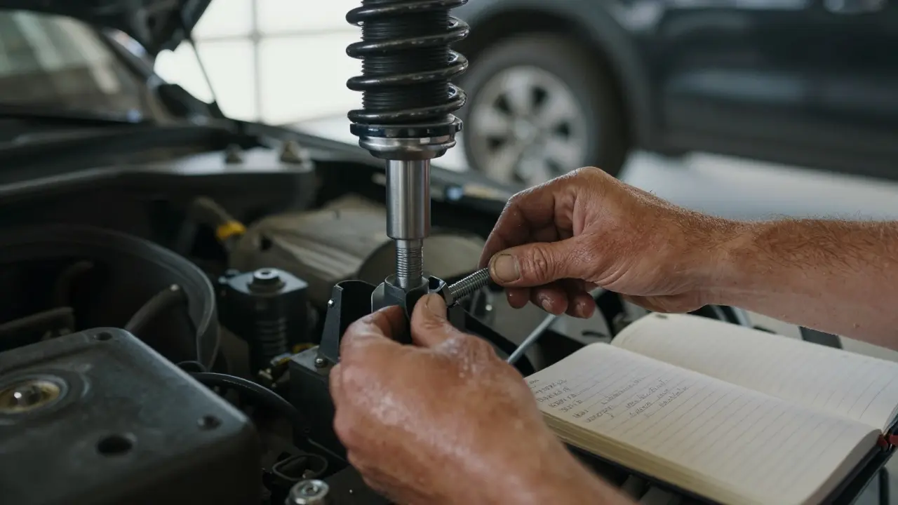 Close-up of hands tightening a bolt on a car suspension, notebook with handwritten notes beside it.