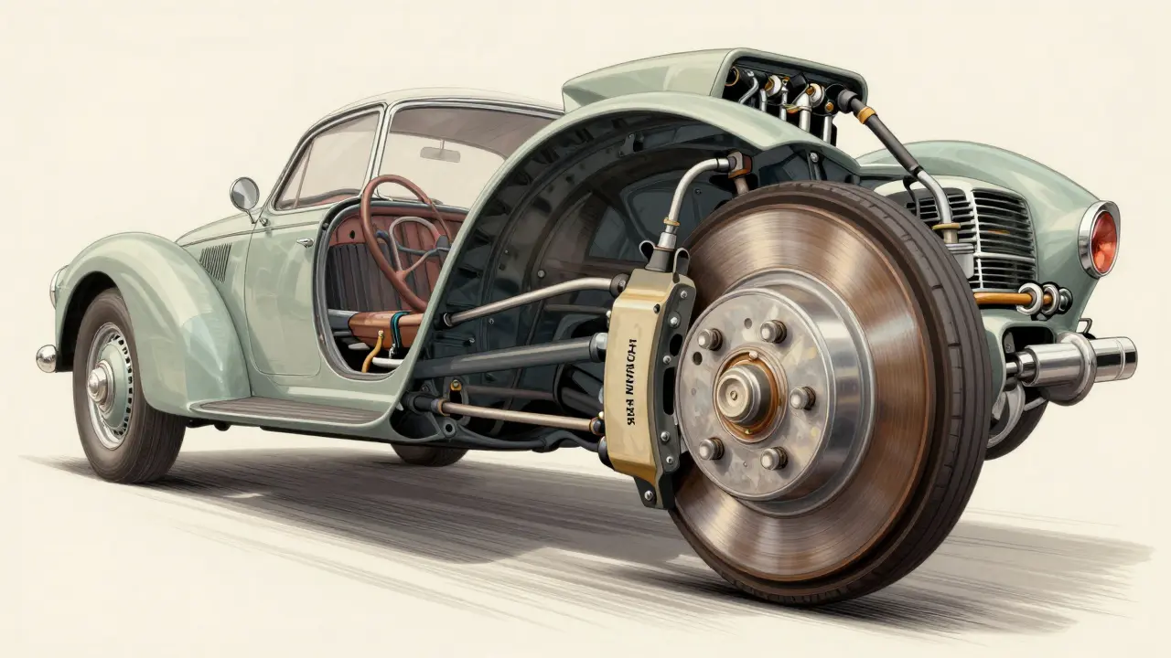 Conceptual view of weight shift and brake pressure distribution in a classic car during hard braking.