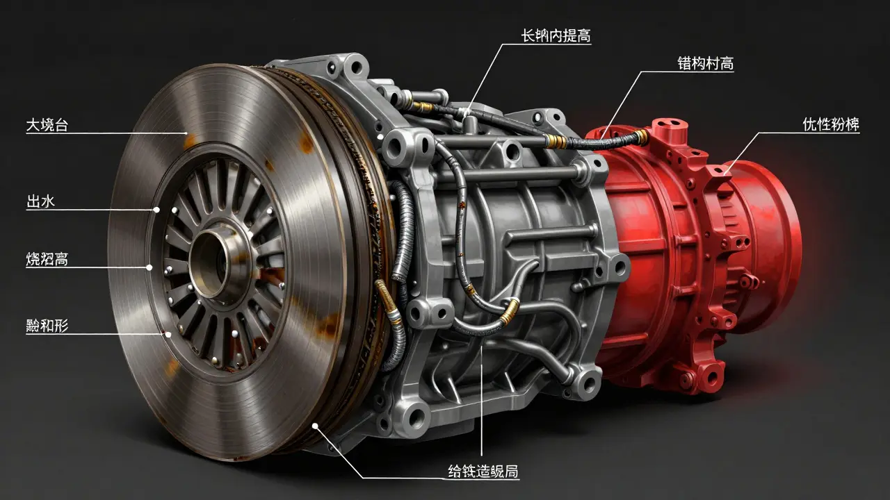Cross-section of worn clutch plates and clogged hydraulic lines inside an automatic transmission.