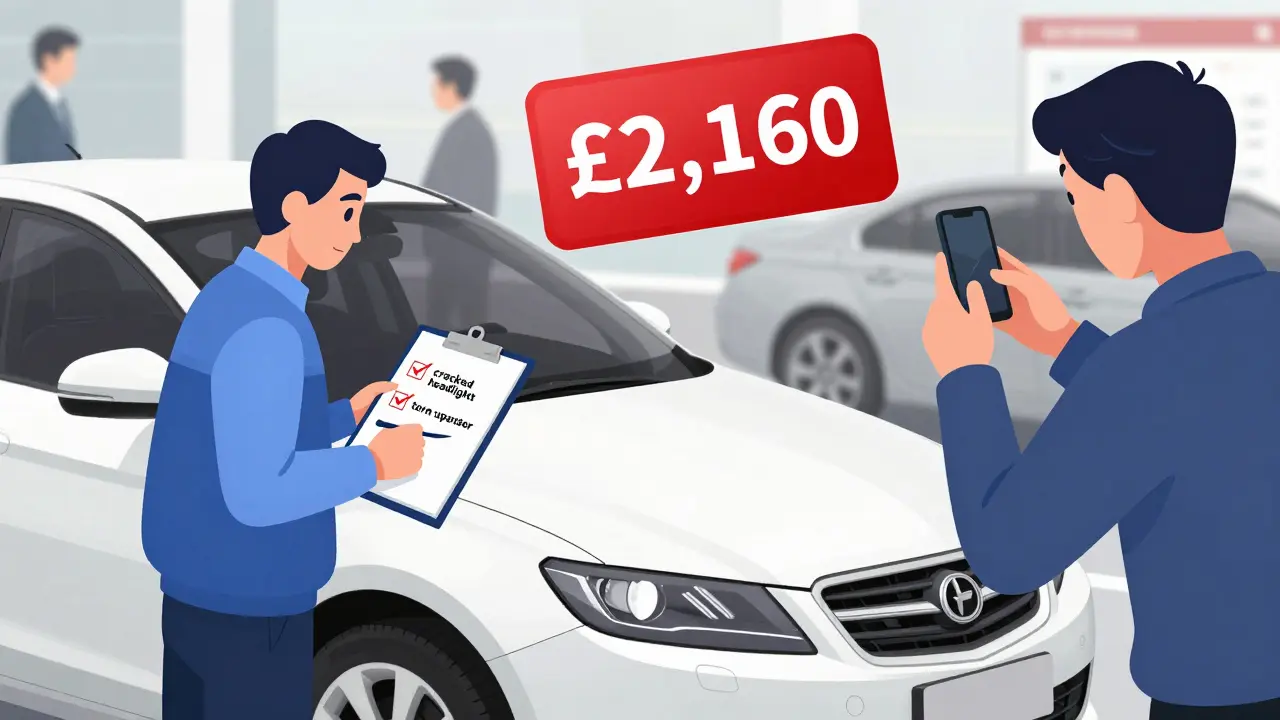 Dealership inspector points out damages on a leased car while driver takes photos.