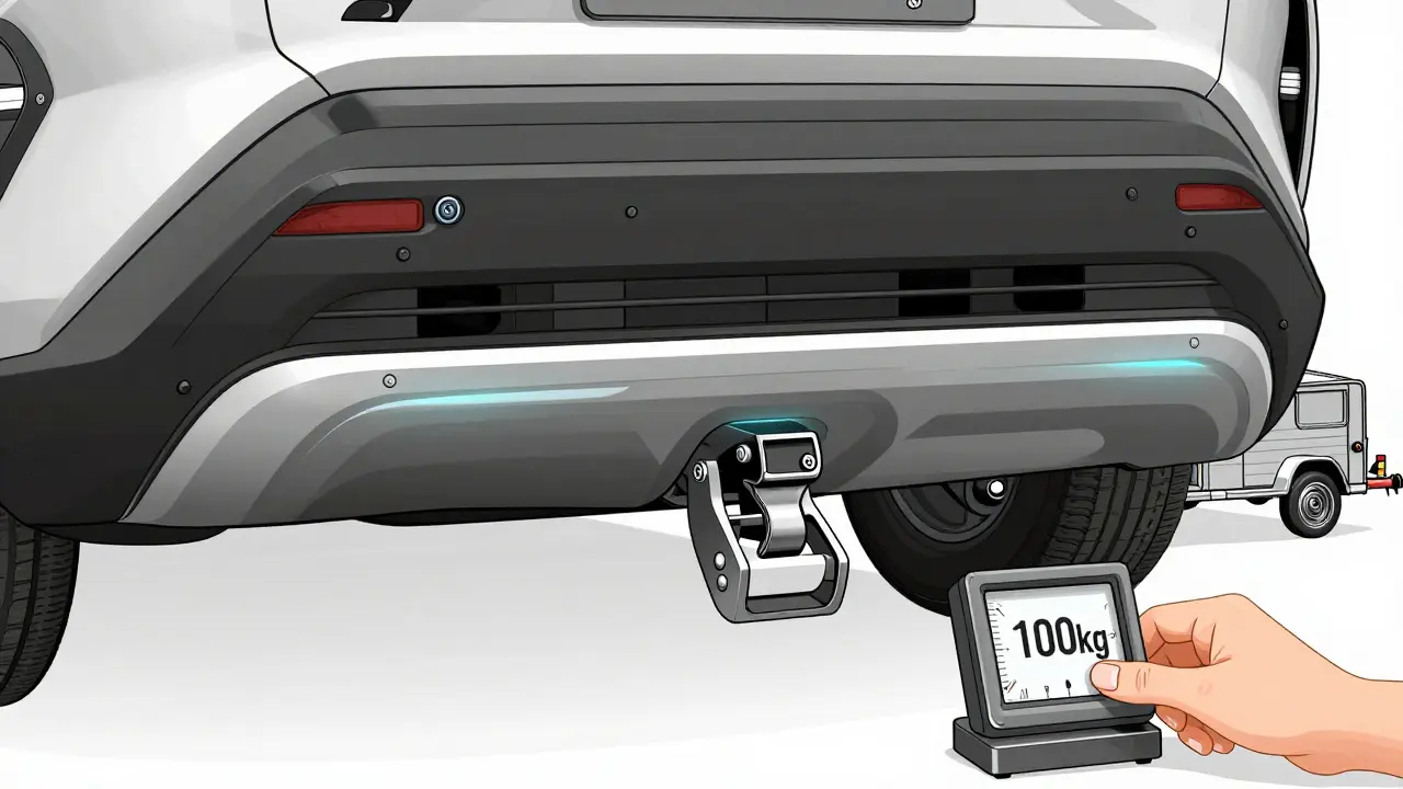 Detachable hitch with tongue weight scale and trailer, highlighting towing safety.
