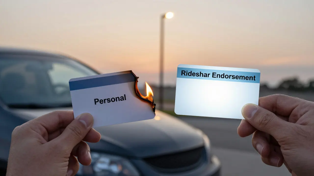 Driver holding two insurance cards, one burning, one glowing beside damaged car.