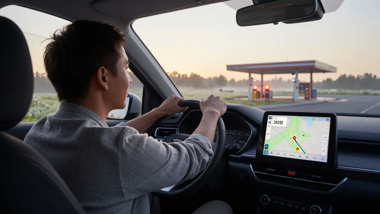 Driver stretching at a rest area at sunrise, car's hazard lights flashing in background.