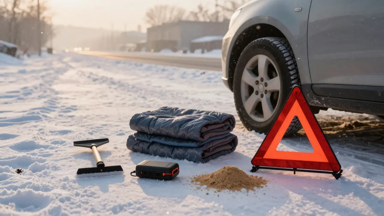 Emergency kit spread on snow beside stranded car with ice scraper, blanket, and warning triangle.