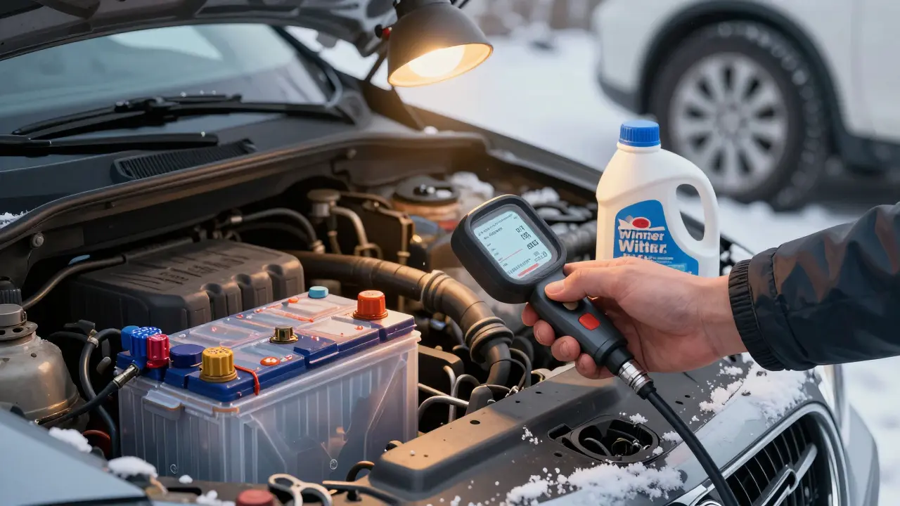 Engine bay with clean battery terminals, coolant tester, and winter washer fluid under garage light.