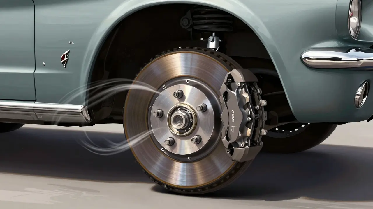 Front disc brake conversion on a 1965 Mustang with caliper, rotor, and proportioning valve in focus.