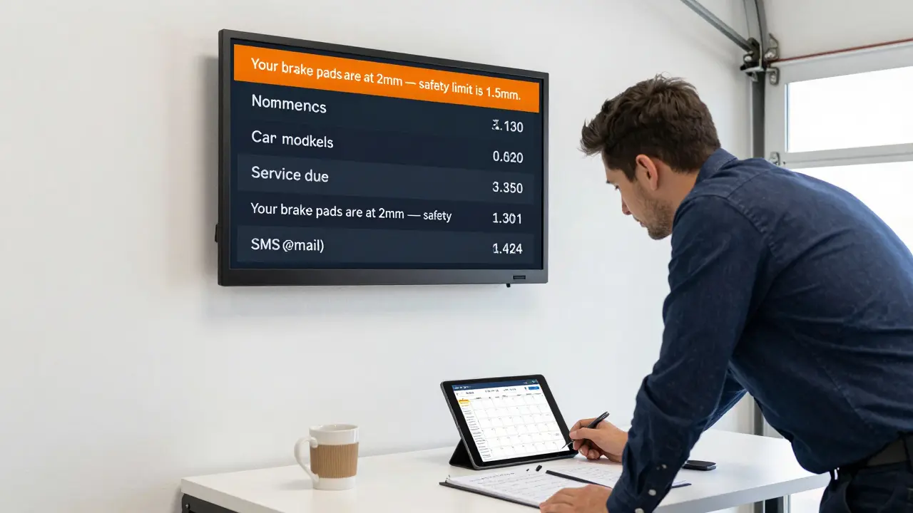 Garage office dashboard displays customer service reminders with names, car models, and communication status.