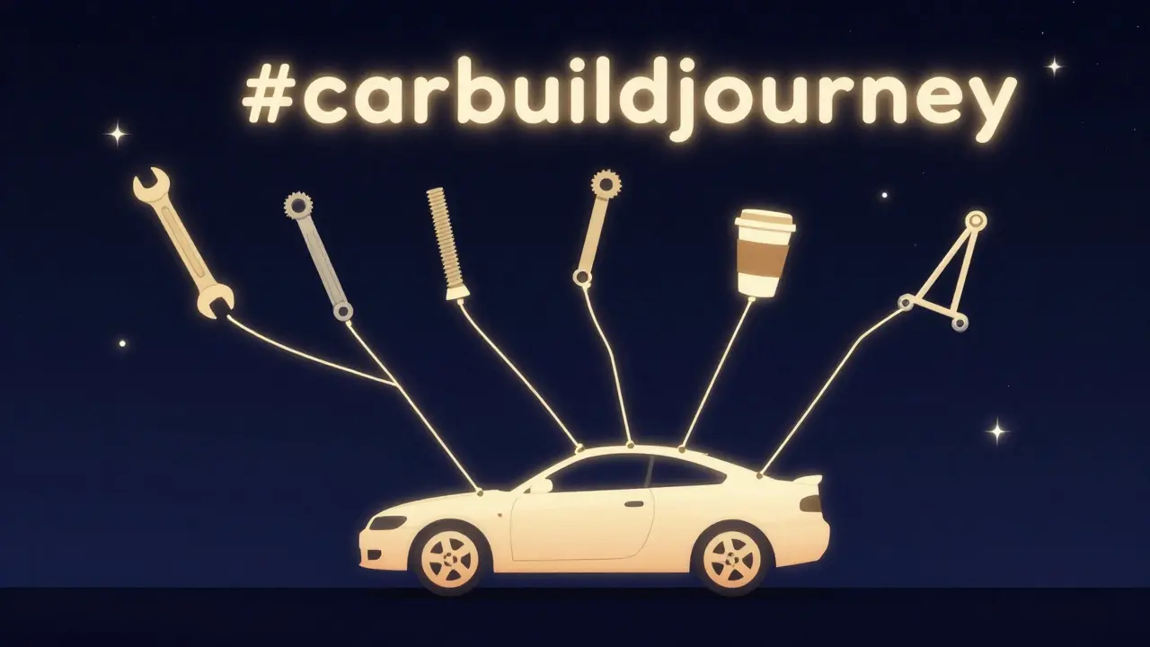 Glowing thread of milestones connects to a car silhouette under a starry sky with hashtag stars.