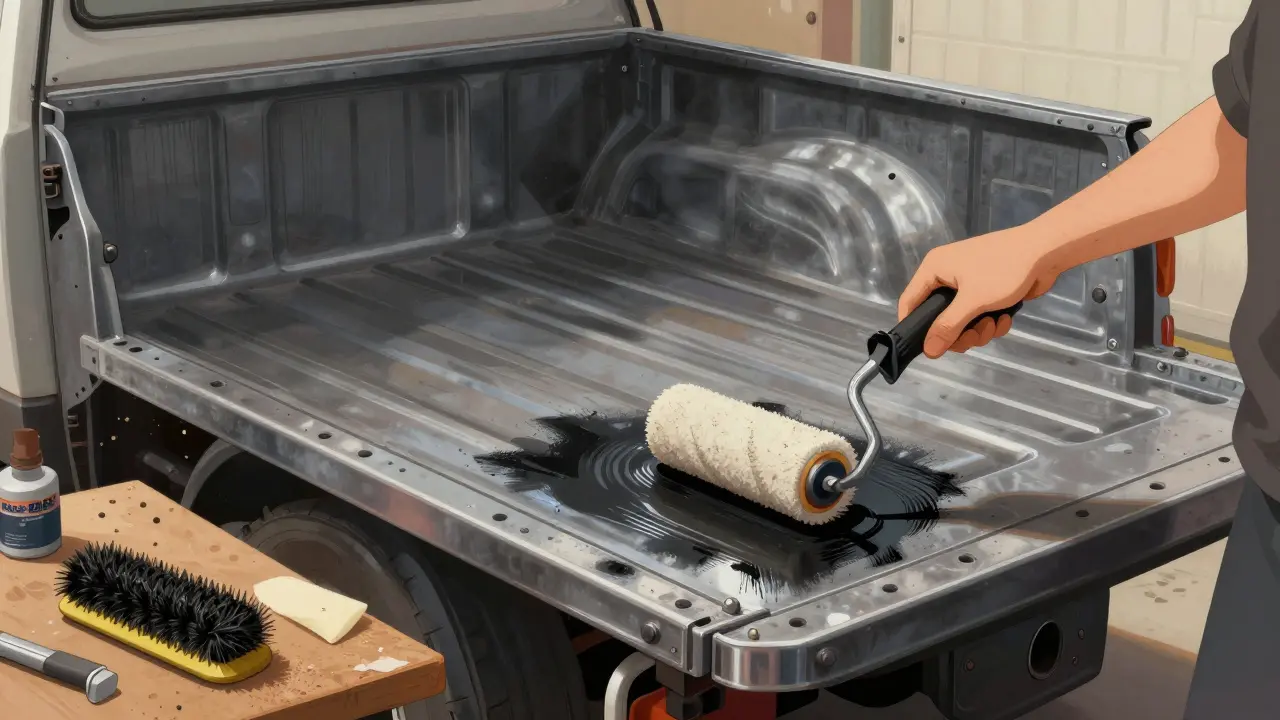 Hand applying truck bed coating to sanded metal surface with tools nearby in a well-lit garage.
