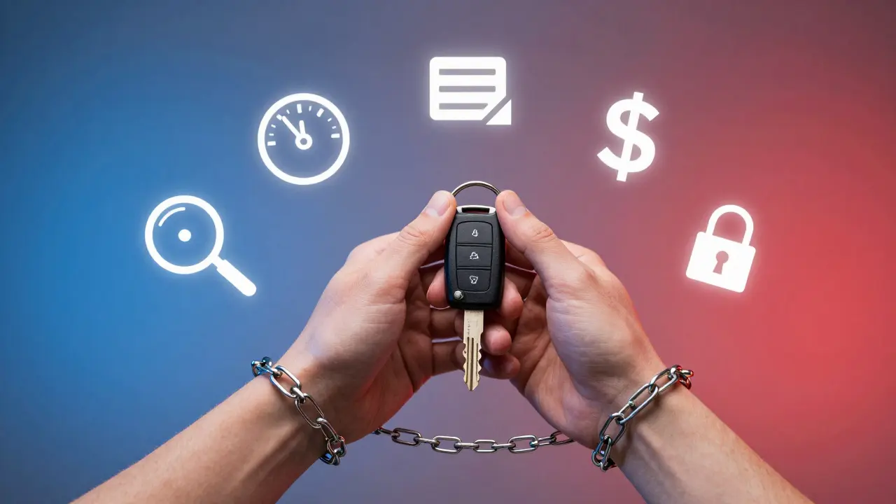 Hands holding a car key made of legal contracts forming chains around the wrists.