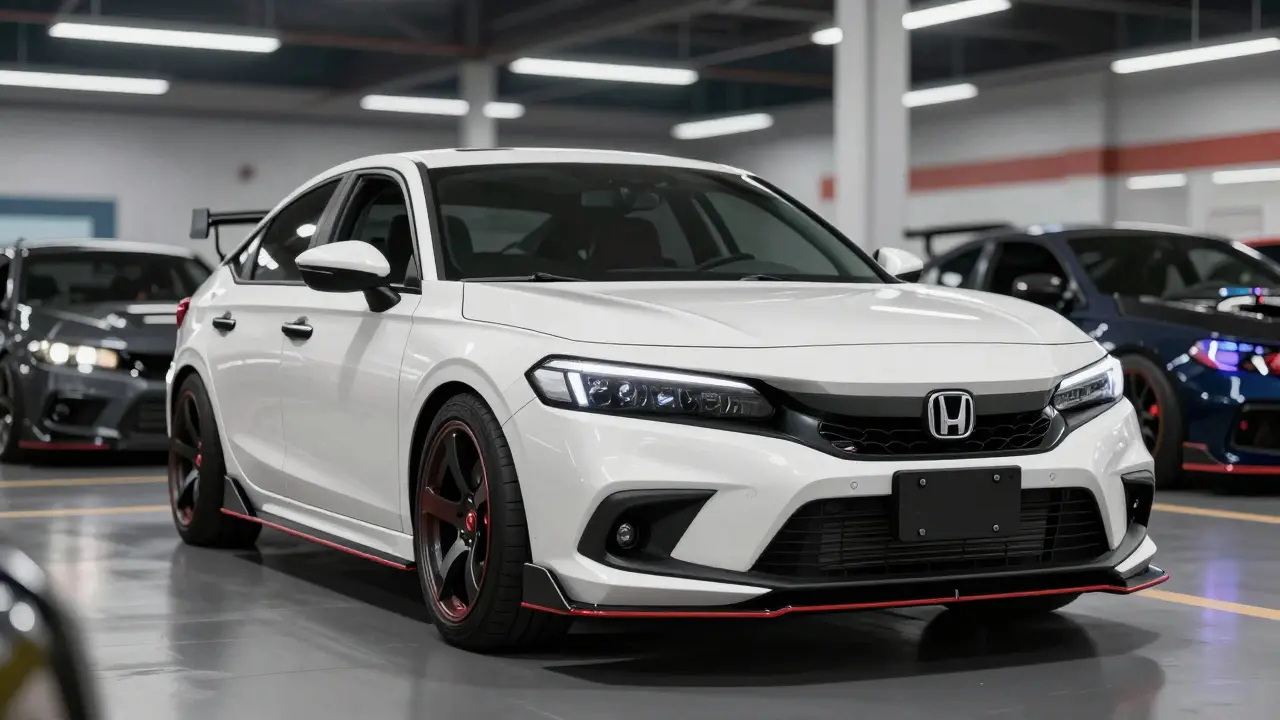 Honda Civic with tasteful OEM+ mods beside unsold modified cars at a dealership.