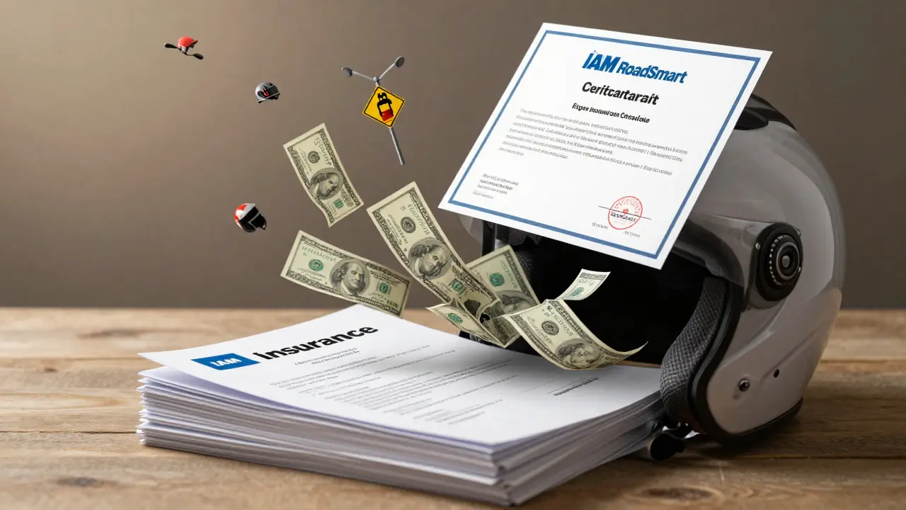 Insurance documents transforming into safety icons and a motorcycle helmet symbolizing savings.