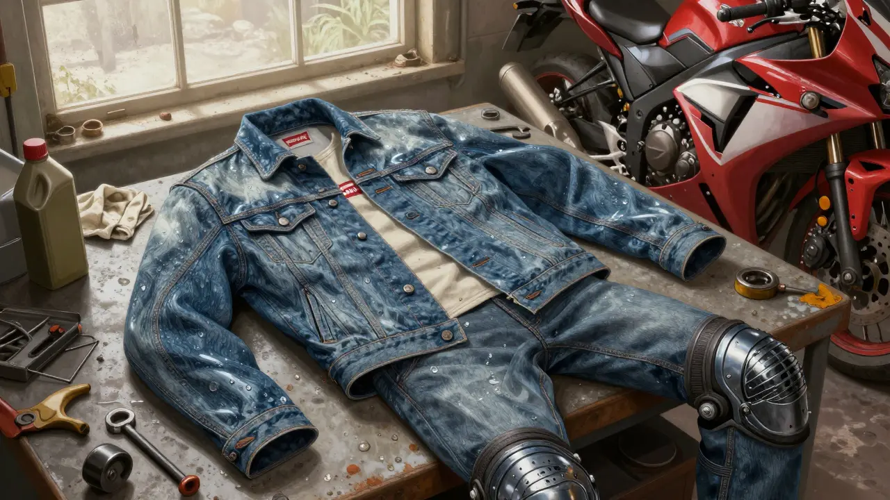 Levi’s RideReady jeans with hidden armor on a garage workbench next to a Honda motorcycle under soft morning light.