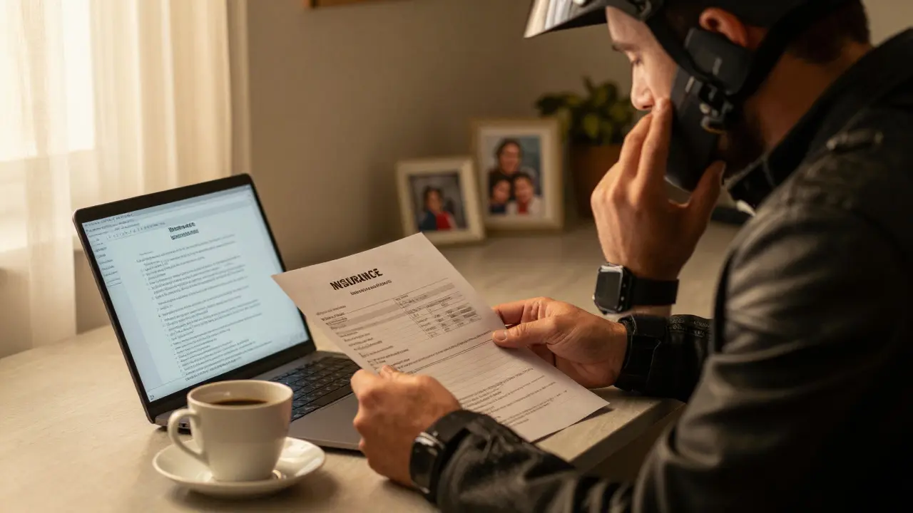 Motorcyclist reviewing insurance documents at home under lamplight, medical bill in hand.
