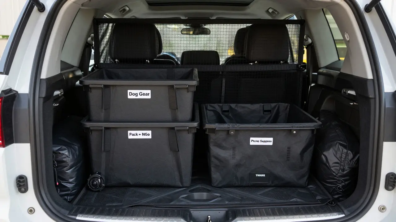 Organized SUV cargo area with modular bins, cargo barrier, and underfloor storage.