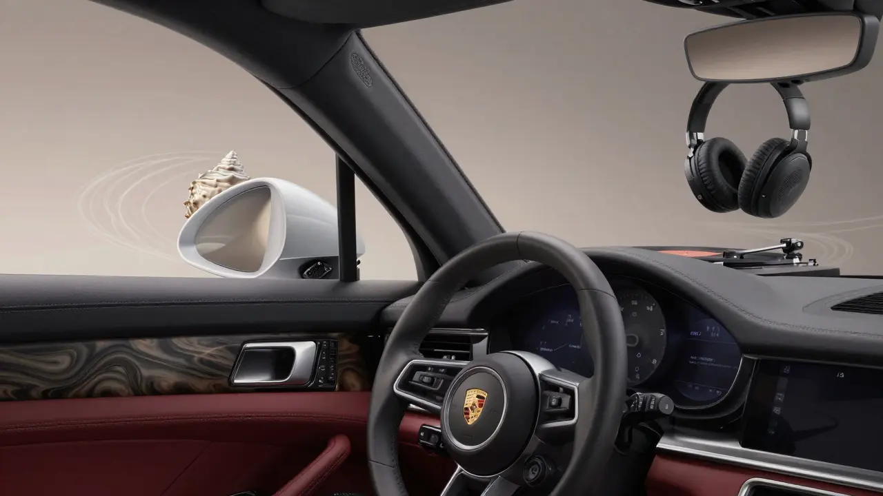 Porsche Panamera cabin with diamond tweeters and Nautilus housings, highlighting acoustic precision.