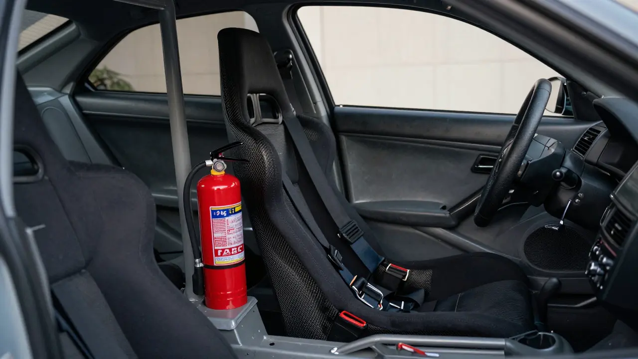 Race car interior with secured fire extinguisher and properly fitted racing harness.