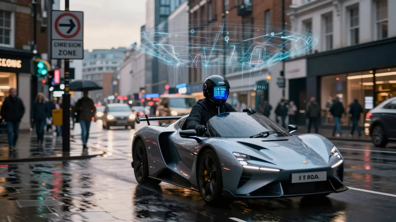 Rider commuting on electric motorcycle in city at dawn with digital charging data visible on helmet.